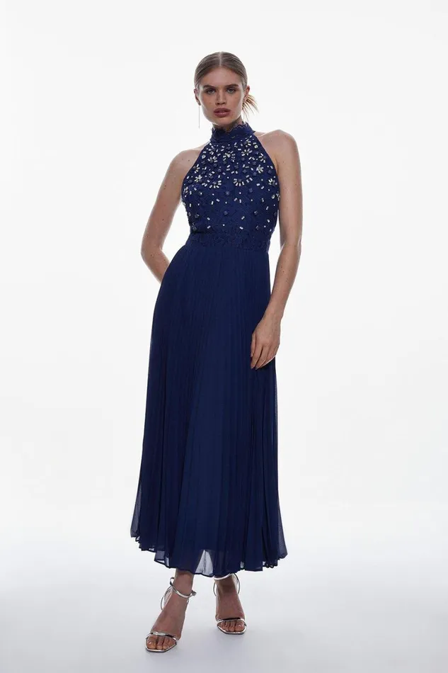 Dresses Women Karen Millen Lace Embellished Halter Pleated Woven Midi Dress Navy