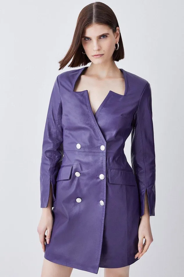 Dresses Women Karen Millen Leather Double Breasted Blazer Notch Neck Mini Dress Violet