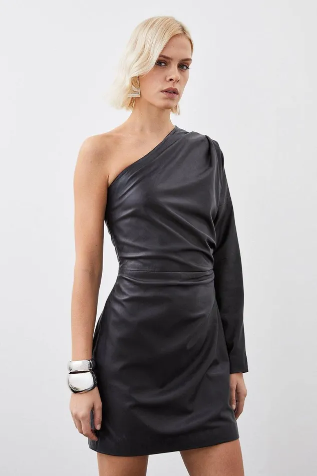 Dresses Women Karen Millen Leather One Shoulder Mini Dress Black