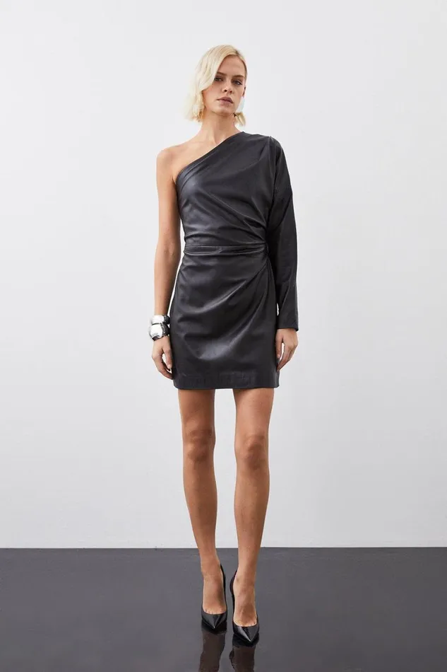 Dresses Women Karen Millen Leather One Shoulder Mini Dress Black