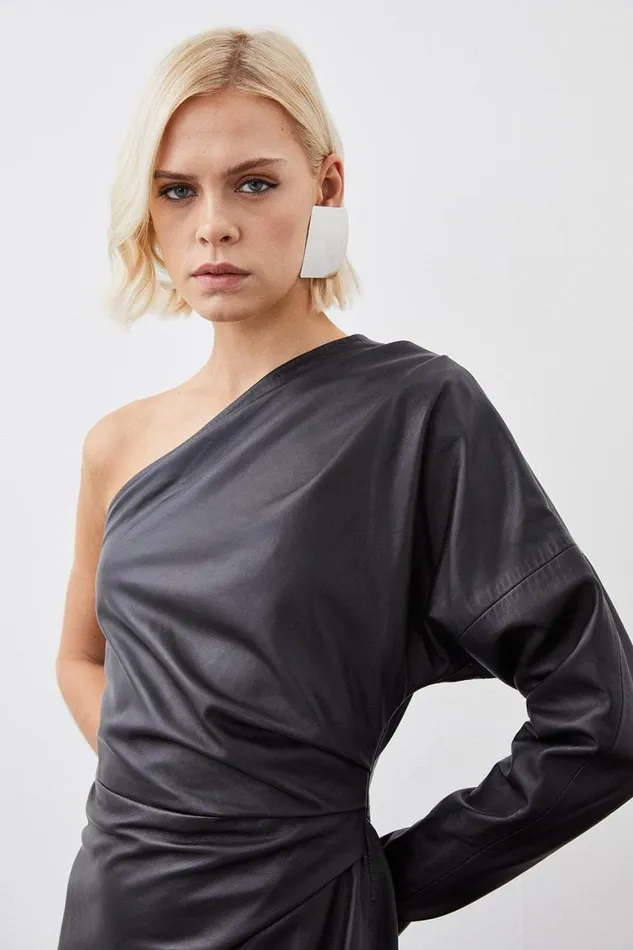 Dresses Women Karen Millen Leather One Shoulder Mini Dress Black