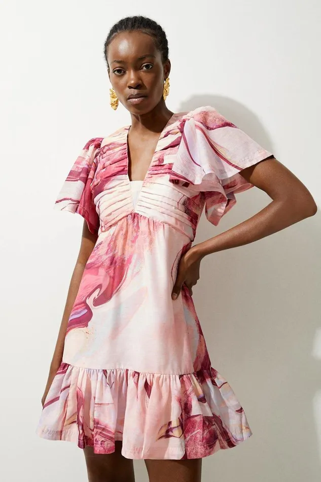 Dresses Women Karen Millen Marble Print Cotton Voile Puffy Sleeve Woven Mini Dress Pink
