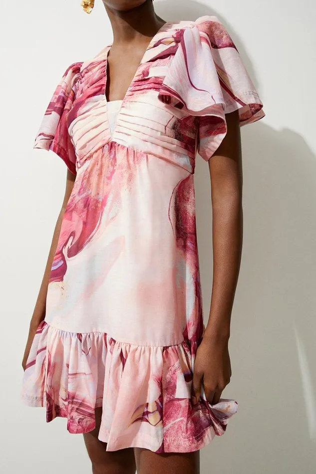 Dresses Women Karen Millen Marble Print Cotton Voile Puffy Sleeve Woven Mini Dress Pink
