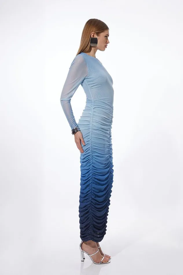 Dresses Women Karen Millen Ombre Printed Mesh Ruched Long Sleeve Midi Dress Blue