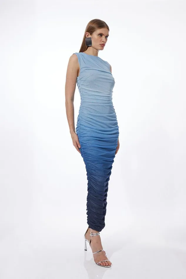 Dresses Women Karen Millen Ombre Printed Mesh Ruched Midi Dress Blue