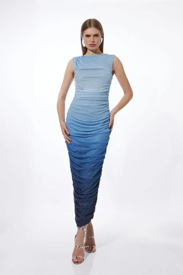 Dresses Women Karen Millen Ombre Printed Mesh Ruched Midi Dress Blue