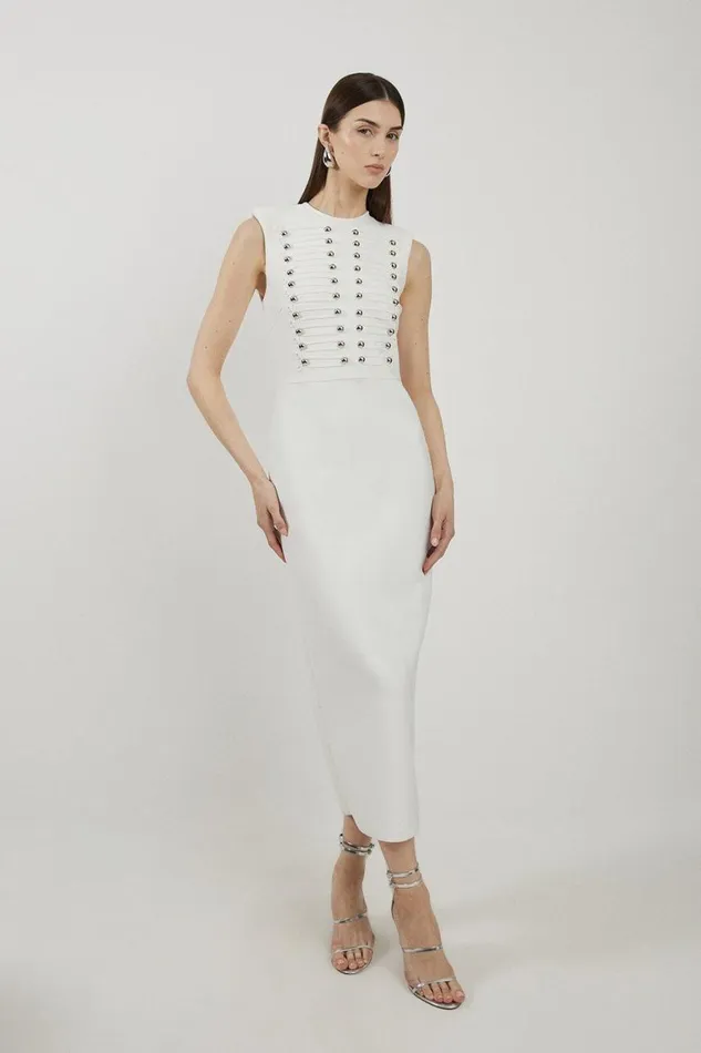 Dresses Women Karen Millen Petite Bandage Figure Form Military Detail Maxi Dress Cream