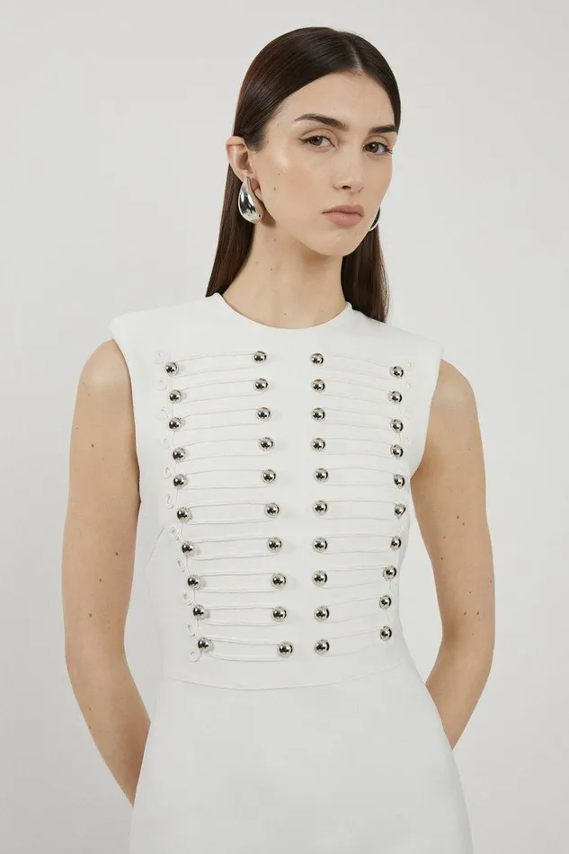 Dresses Women Karen Millen Petite Bandage Figure Form Military Detail Maxi Dress Cream
