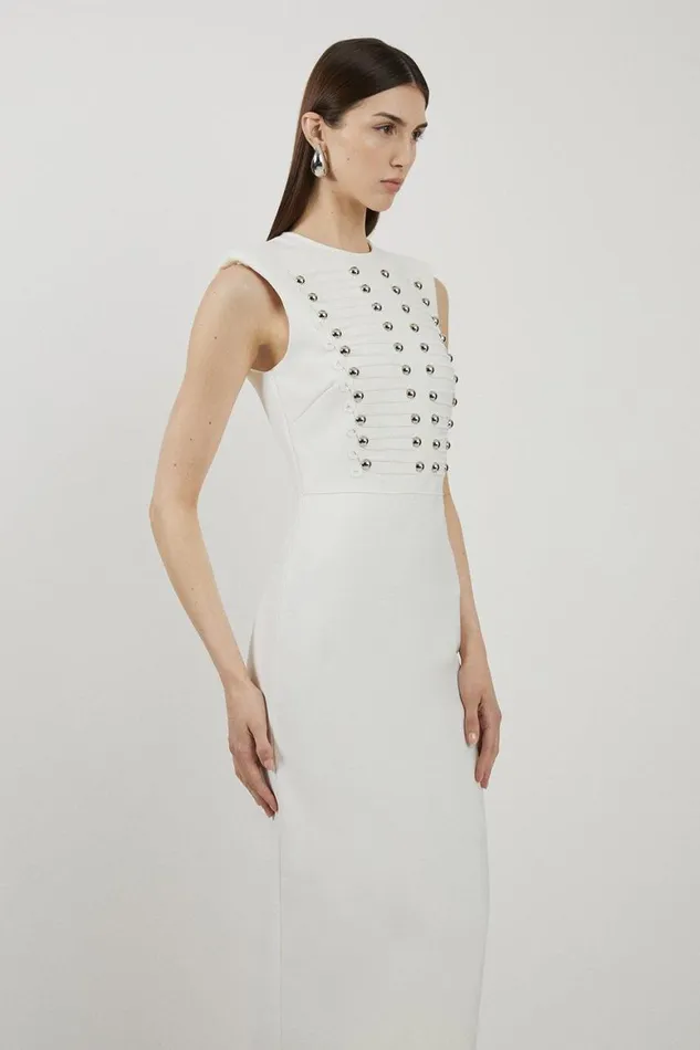 Dresses Women Karen Millen Petite Bandage Figure Form Military Detail Maxi Dress Cream