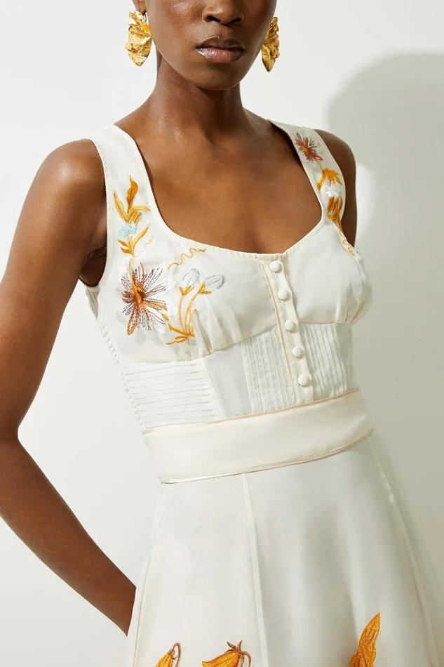 Dresses Women Karen Millen Petite Botanical Embroidery Organdie Strappy Woven Dress Cream