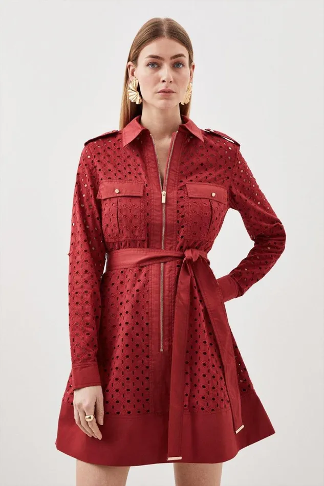 Dresses Women Karen Millen Petite Broderie Cotton Mix Zip Woven Mini Dress Rust