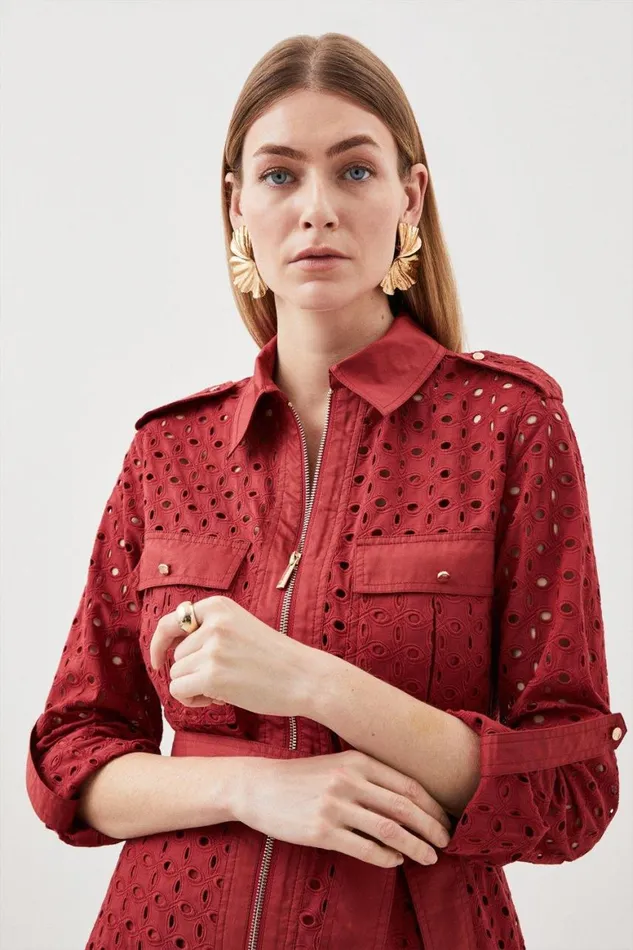 Dresses Women Karen Millen Petite Broderie Cotton Mix Zip Woven Mini Dress Rust