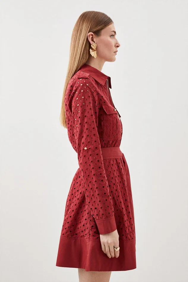 Dresses Women Karen Millen Petite Broderie Cotton Mix Zip Woven Mini Dress Rust