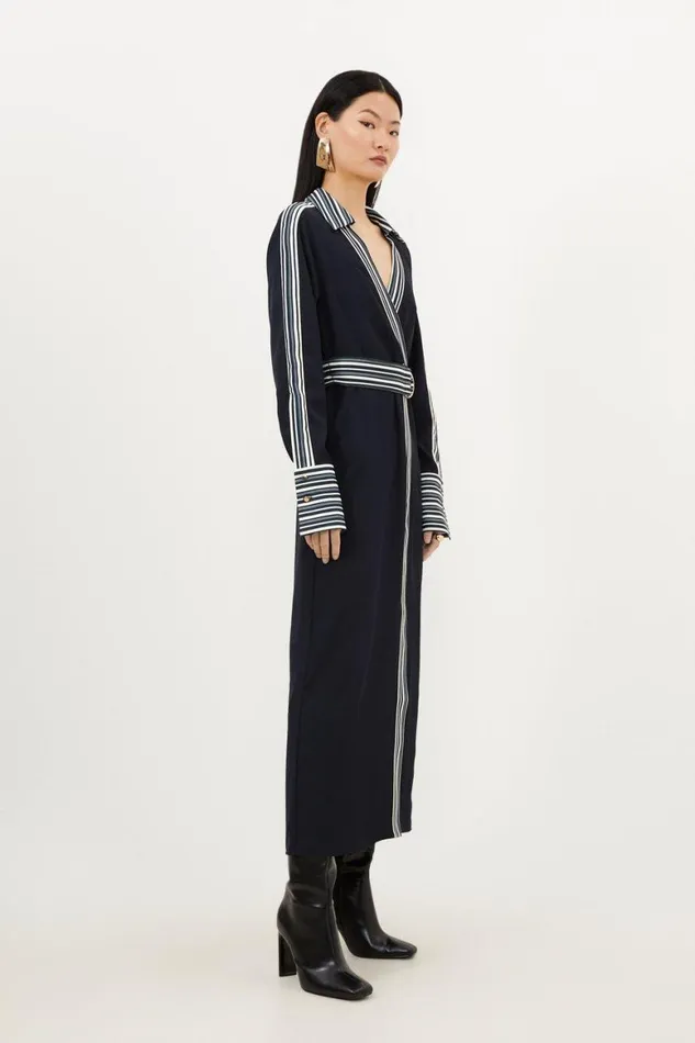Dresses Women Karen Millen Petite Collared Contrast Twill Woven Belted Midaxi Dress Navy