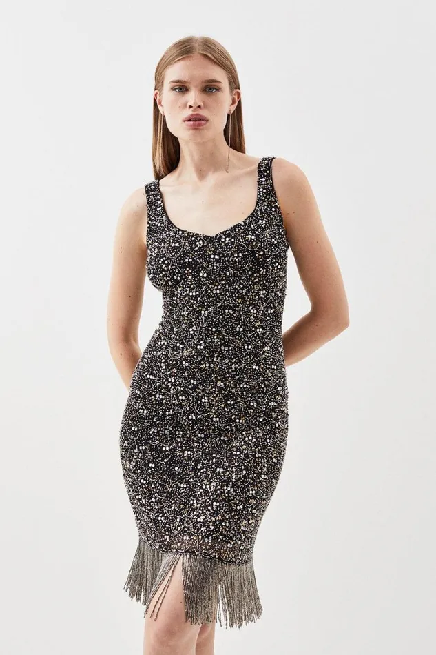 Dresses Women Karen Millen Petite Embellished Beaded Fringe Woven Mini Dress Gold