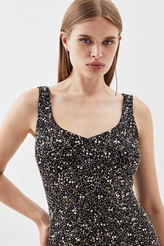 Dresses Women Karen Millen Petite Embellished Beaded Fringe Woven Mini Dress Gold
