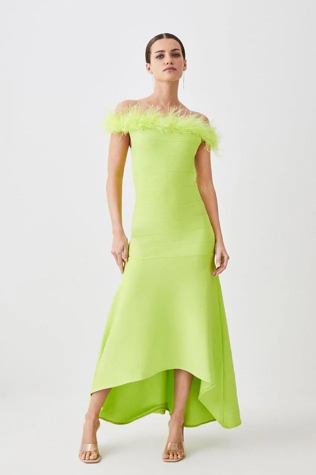 Dresses Women Karen Millen Petite Feather Detail Bandage Bardot Midaxi Dress Lime