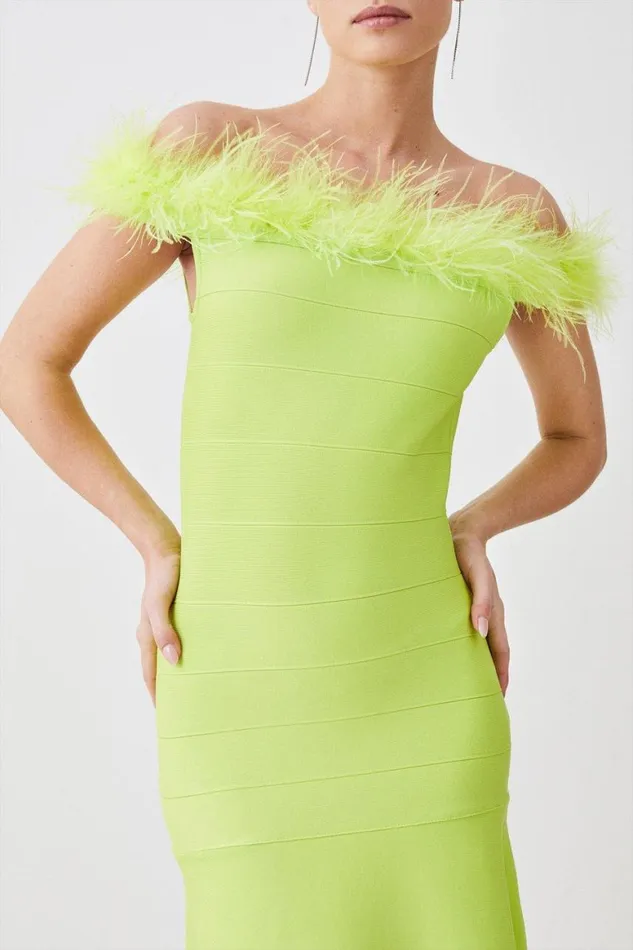 Dresses Women Karen Millen Petite Feather Detail Bandage Bardot Midaxi Dress Lime