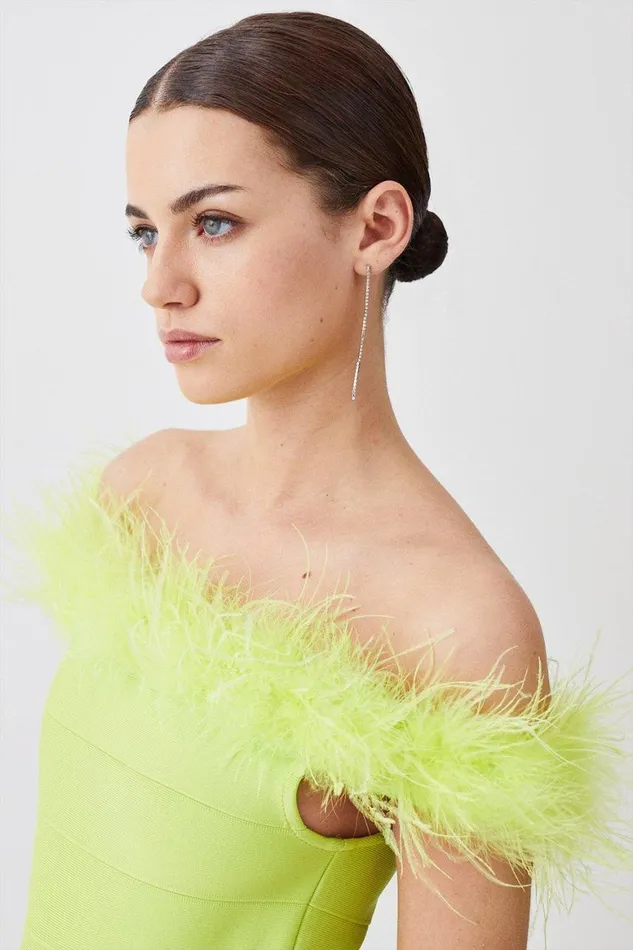 Dresses Women Karen Millen Petite Feather Detail Bandage Bardot Midaxi Dress Lime