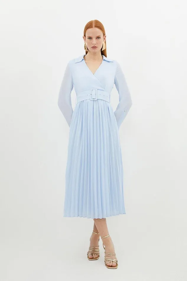 Dresses Women Karen Millen Petite Georgette Woven Belted Pleated Midi Dress Blue