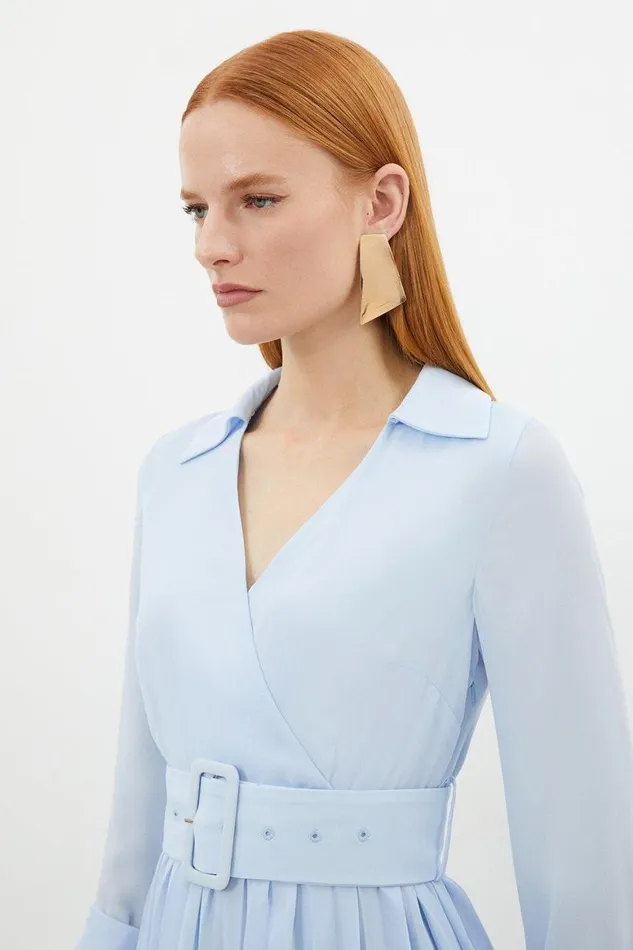 Dresses Women Karen Millen Petite Georgette Woven Belted Pleated Midi Dress Blue
