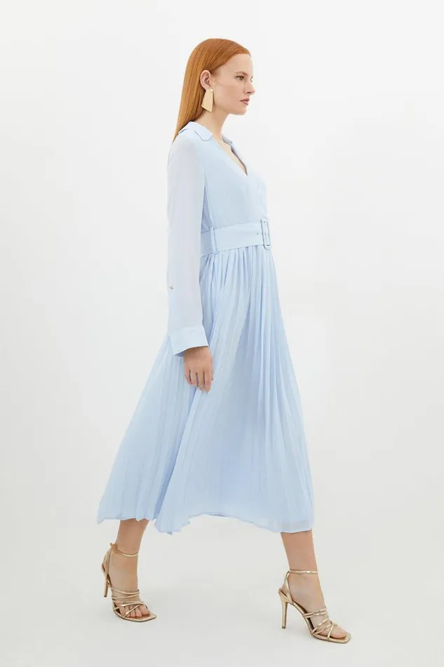 Dresses Women Karen Millen Petite Georgette Woven Belted Pleated Midi Dress Blue