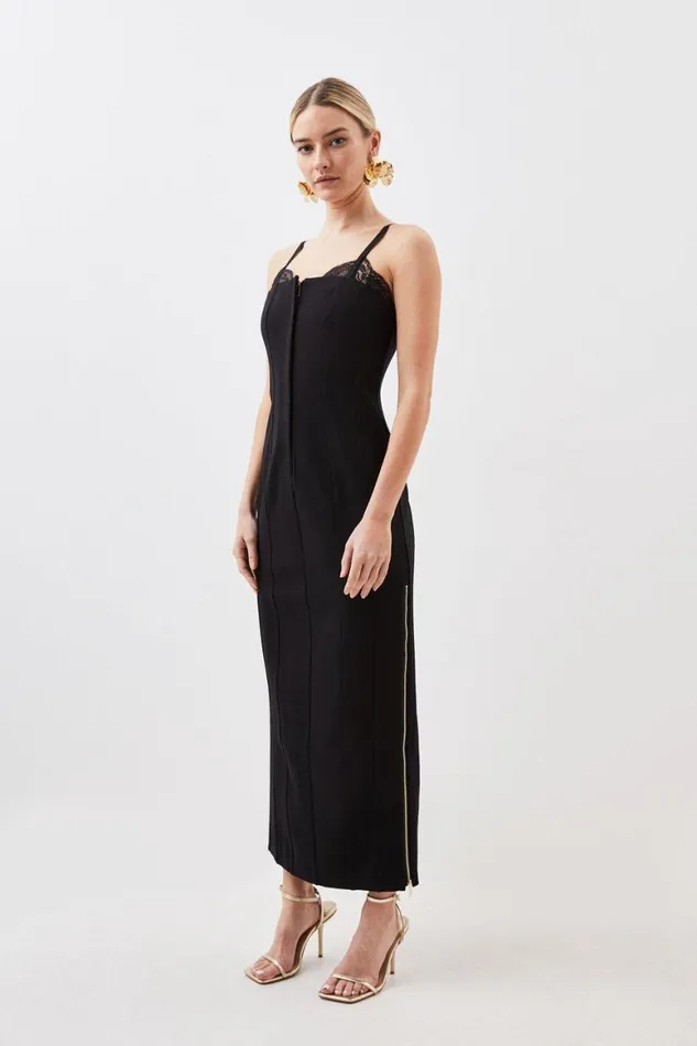Dresses Women Karen Millen Petite Jersey Ponte And Lace Midi Dress Black