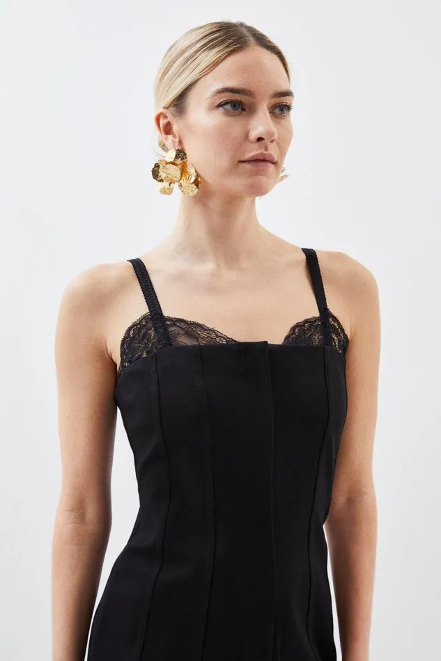 Dresses Women Karen Millen Petite Jersey Ponte And Lace Midi Dress Black