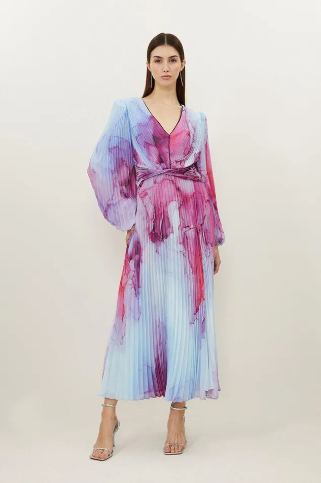 Dresses Women Karen Millen Petite Marble Printed Soft Pleated Woven Maxi Dress Pink