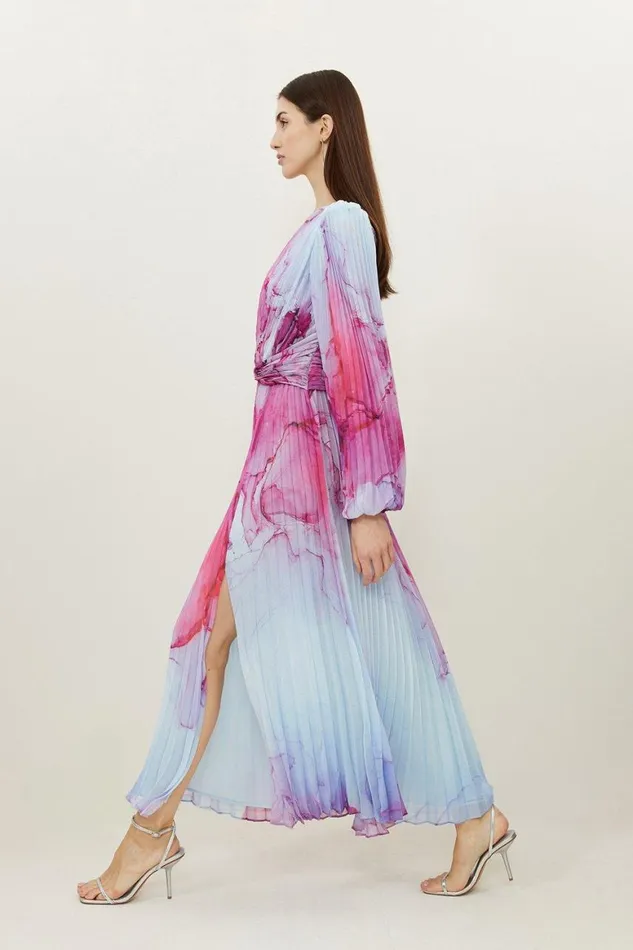 Dresses Women Karen Millen Petite Marble Printed Soft Pleated Woven Maxi Dress Pink
