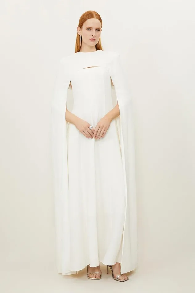 Dresses Women Karen Millen Petite Premium Bonded Crepe Detachable Cape Maxi Dress Ivory