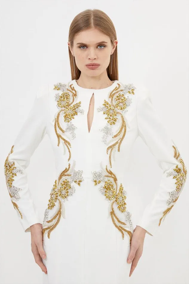 Dresses Women Karen Millen Petite Premium Crystal Powershoulder Embellished Woven Maxi Dress Ivory