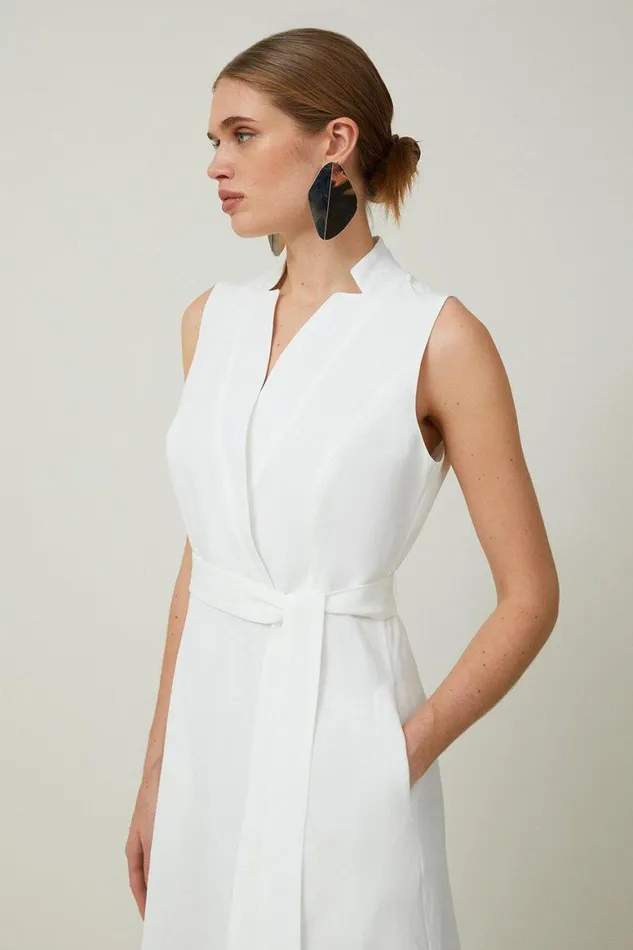Dresses Women Karen Millen Petite Premium Tailored Linen Notch Neck Belted Midaxi Dress Ivory