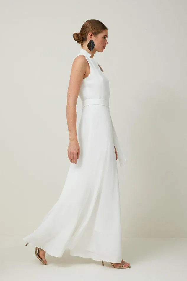 Dresses Women Karen Millen Petite Premium Tailored Linen Notch Neck Belted Midaxi Dress Ivory