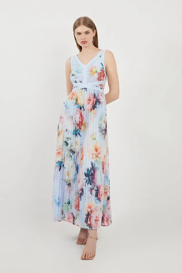 Dresses Women Karen Millen Petite Rose Print Pleated Georgette Midi Dress Blue