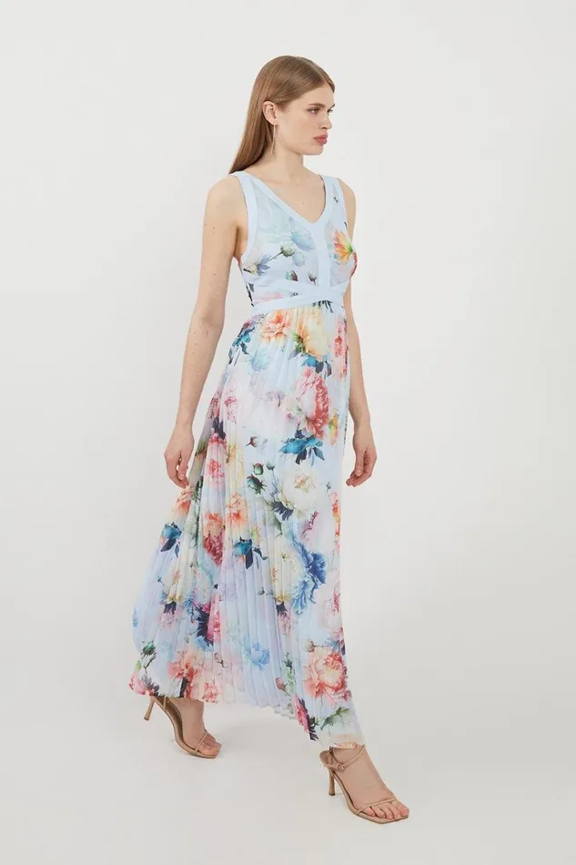 Dresses Women Karen Millen Petite Rose Print Pleated Georgette Midi Dress Blue