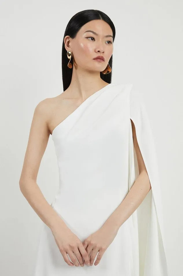 Dresses Women Karen Millen Petite Satin Back Crepe One Shoulder Drape Sleeve Maxi Dress Ivory