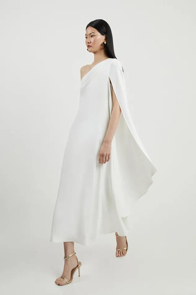 Dresses Women Karen Millen Petite Satin Back Crepe One Shoulder Drape Sleeve Maxi Dress Ivory