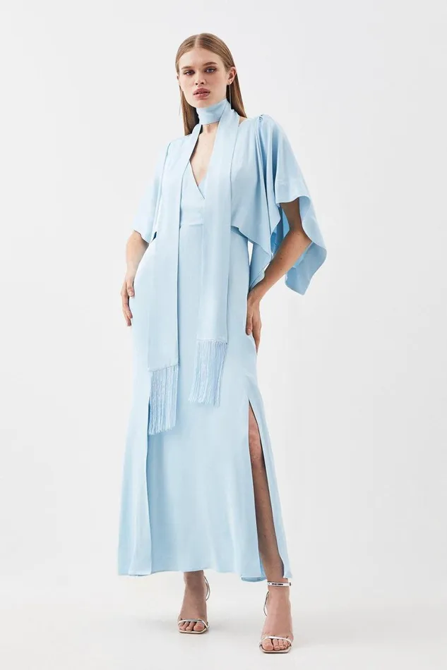 Dresses Women Karen Millen Petite Satin Crepe Tie Neck Woven Maxi Dress Blue
