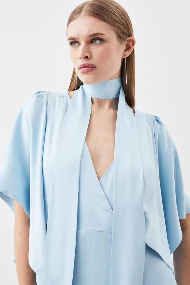 Dresses Women Karen Millen Petite Satin Crepe Tie Neck Woven Maxi Dress Blue