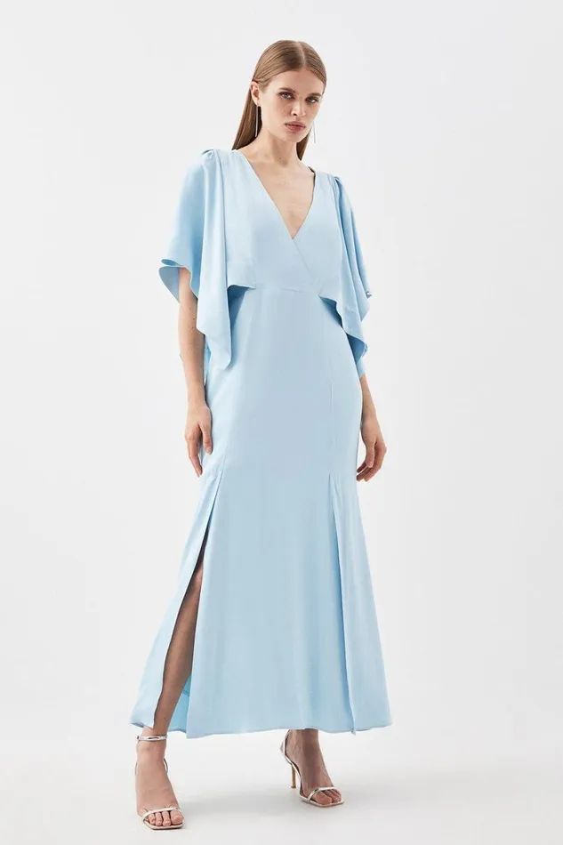 Dresses Women Karen Millen Petite Satin Crepe Tie Neck Woven Maxi Dress Blue