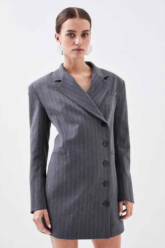 Dresses Women Karen Millen Petite Tailored Pinstripe Single Breasted Blazer Dress Grey