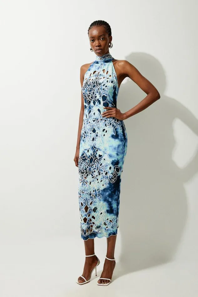 Dresses Women Karen Millen Petite Tie Dye Cutwork Twill Woven Halter Midi Blue