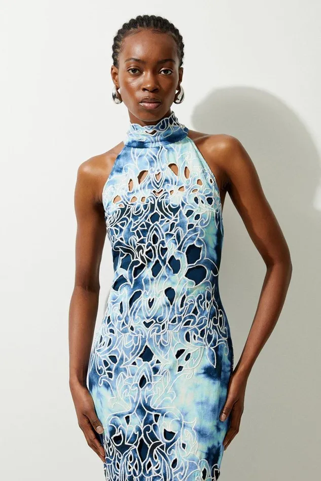 Dresses Women Karen Millen Petite Tie Dye Cutwork Twill Woven Halter Midi Blue