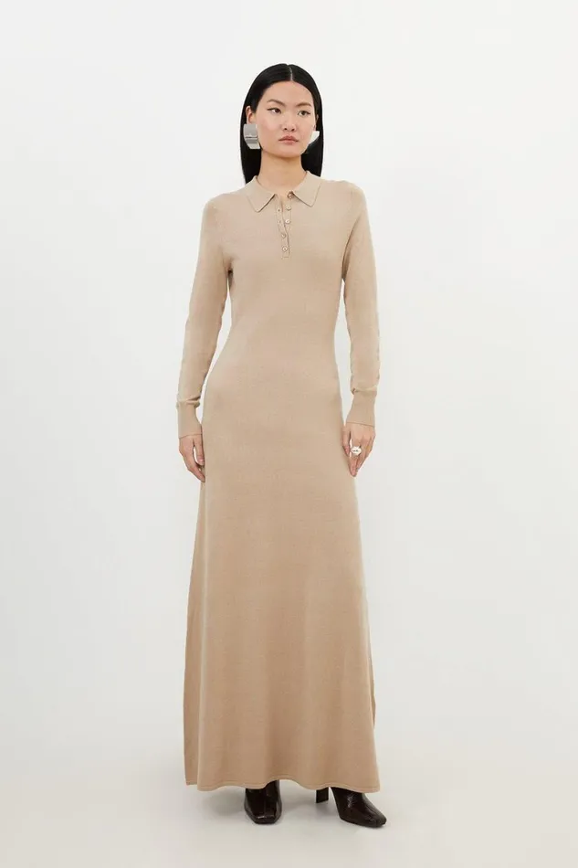 Dresses Women Karen Millen Petite Viscose Blend Polo Knit Collar Maxi Dress Neutral
