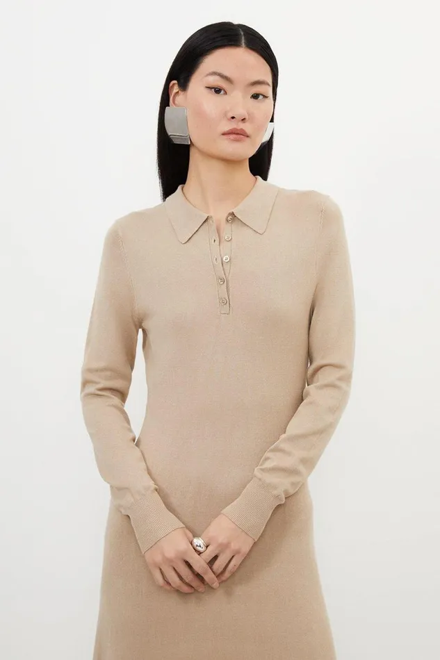 Dresses Women Karen Millen Petite Viscose Blend Polo Knit Collar Maxi Dress Neutral