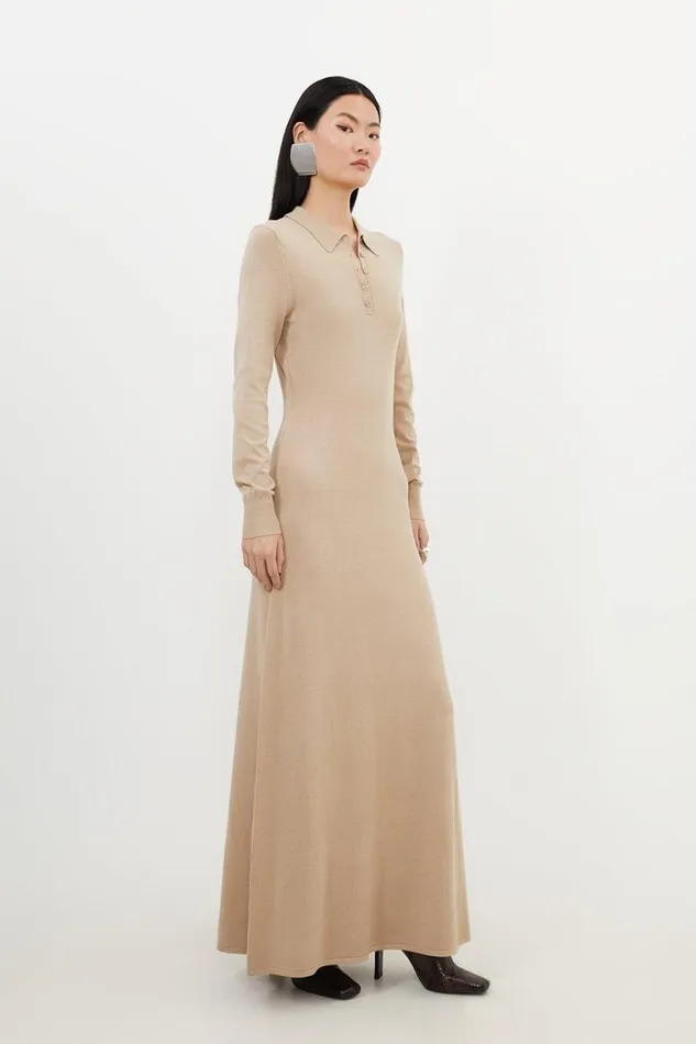 Dresses Women Karen Millen Petite Viscose Blend Polo Knit Collar Maxi Dress Neutral