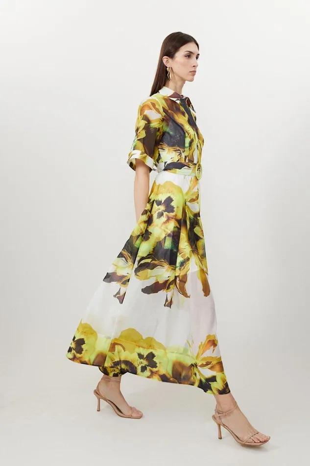 Dresses Women Karen Millen Photographic Floral Organdie Midaxi Shirt Dress Yellow