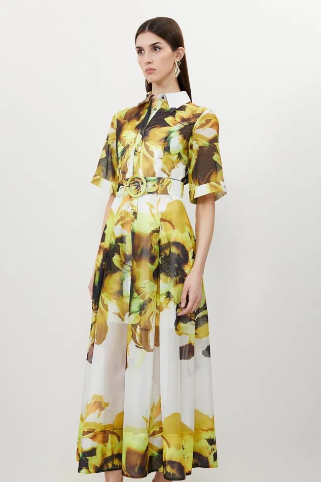 Dresses Women Karen Millen Photographic Floral Organdie Midaxi Shirt Dress Yellow
