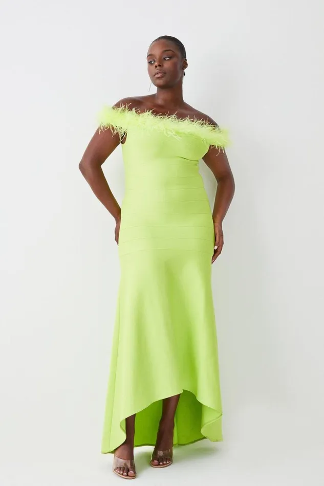 Dresses Women Karen Millen Plus Size Feather Detail Bandage Bardot Midaxi Dress Lime